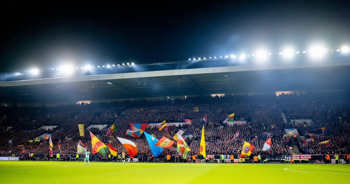 Football match at a packed stadium under floodlights