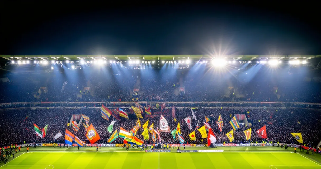 Centrocampista in maglia blu controlla il pallone su un campo da calcio illuminato di notte