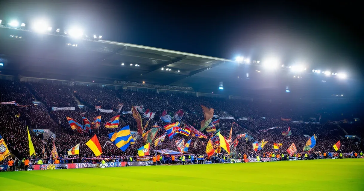 Atletico Madrid midfielder competing for the ball under floodlights in a packed La Liga stadium