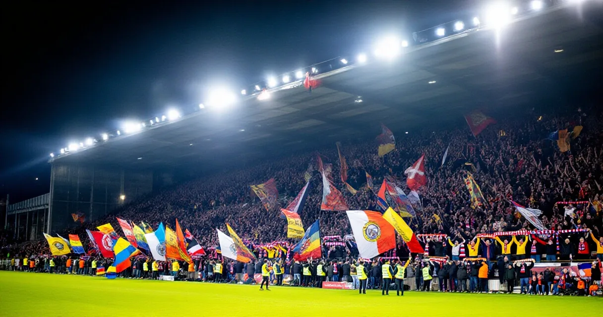 Dirigeant de club de football gesticulant au bord du terrain dans un stade &eacute;clair&eacute; et rempli de supporters