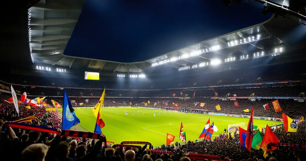 Célébration d'un but lors d'un match de football en soirée dans un stade rempli de supporters
