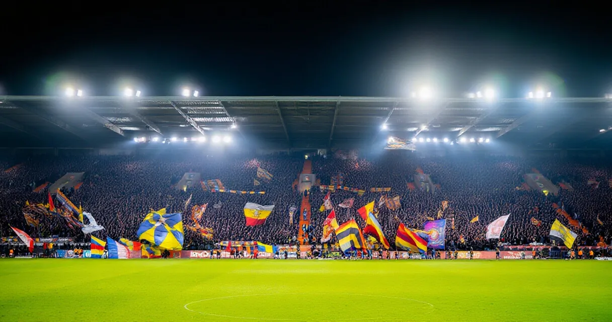 Footballer celebrating on the pitch in a packed stadium at night