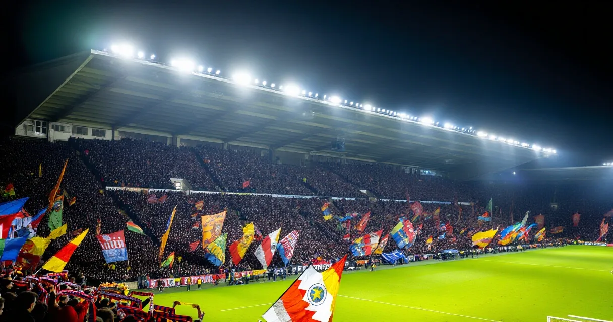 Voetbalmiddenvelder wint een duel om de bal tijdens een wedstrijd in een vol stadion