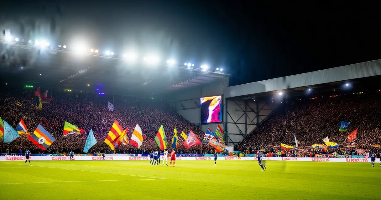 Young footballer takes a shot during a floodlit international match