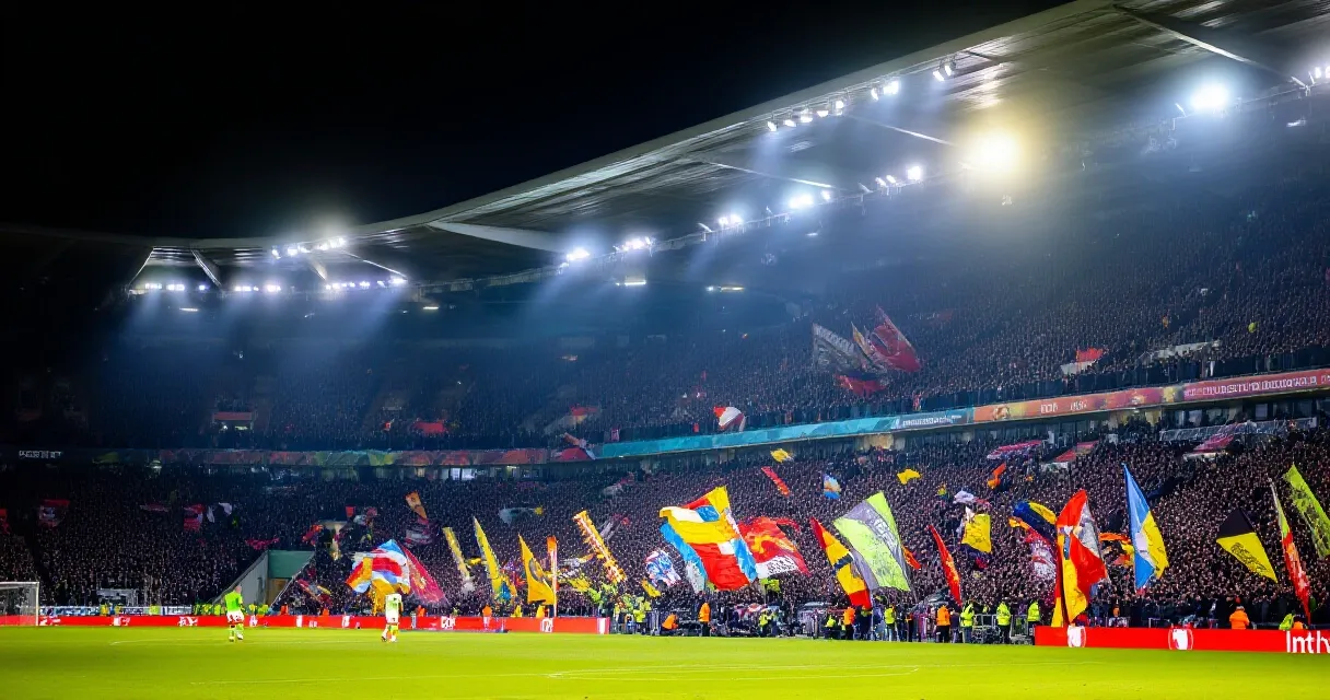 Football striker celebrating goal at packed stadium under floodlights