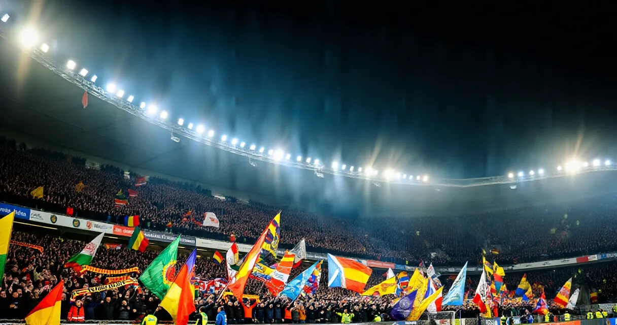 Portugal forward celebrating a goal under floodlights in front of a packed stadium