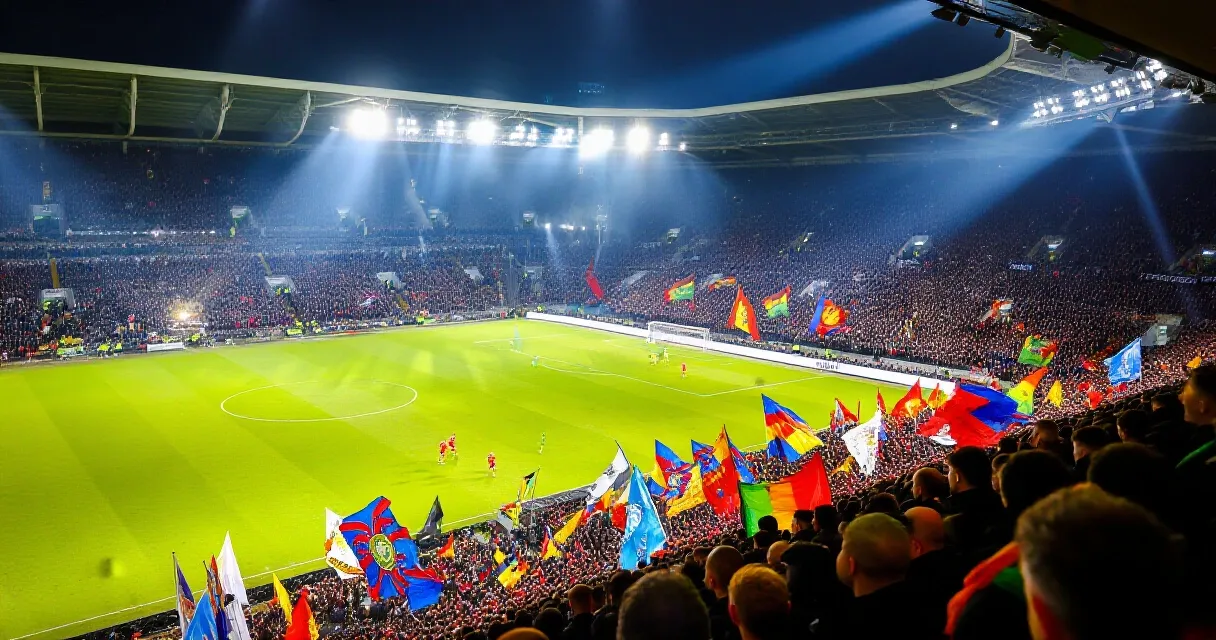 Jogadores disputam bola em est&aacute;dio lotado durante partida noturna de sele&ccedil;&otilde;es