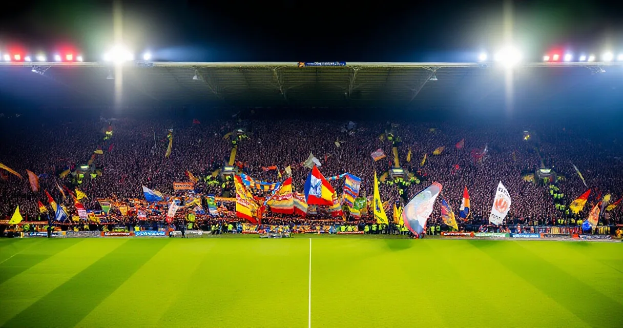 Entra&icirc;neur de football concentr&eacute; sur le bord de la touche dans un stade rempli de supporters