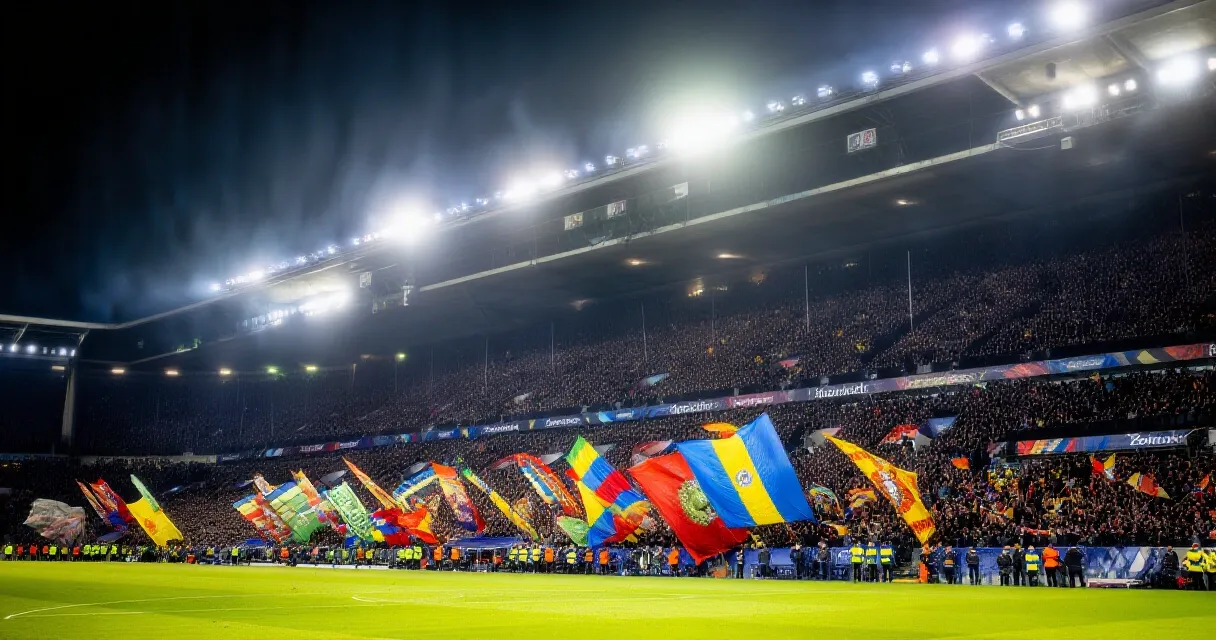 Stadio gremito di tifosi durante una partita internazionale di calcio notturna sotto la pioggia