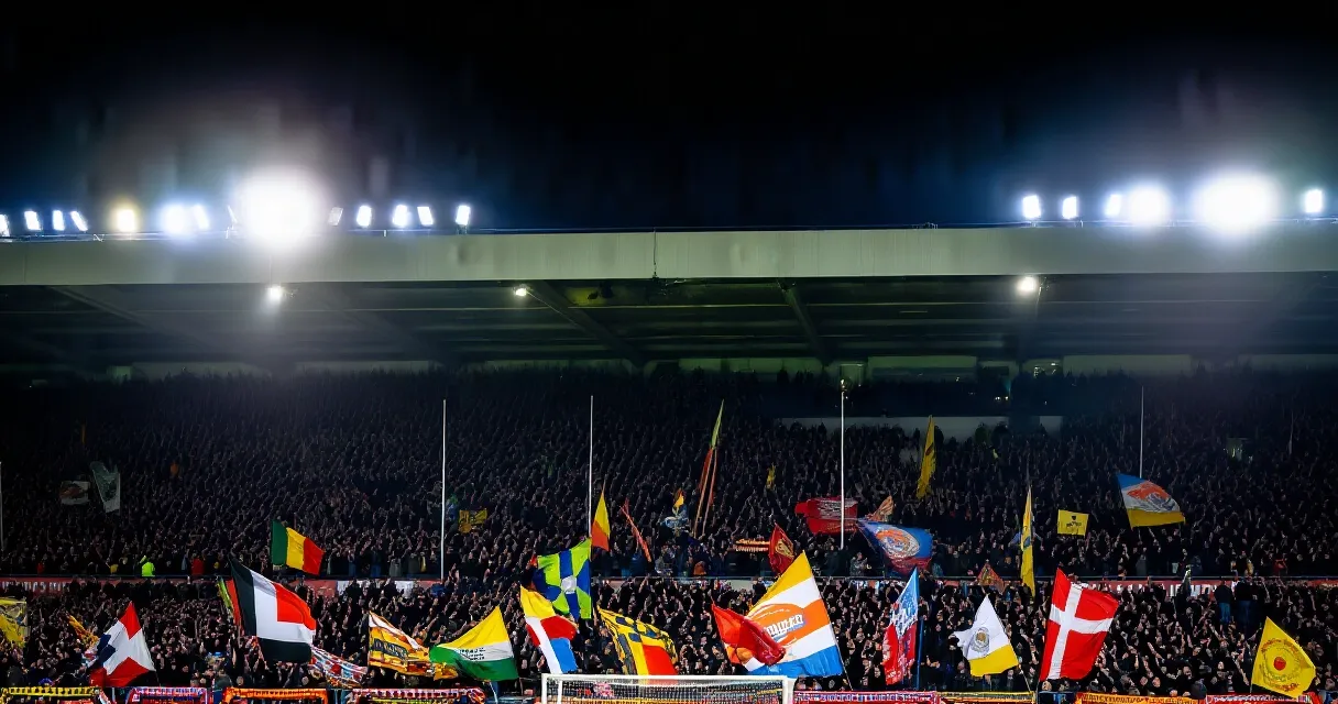 Pemain sepak bola Inggris berlari di lapangan stadion bercahaya lampu sorot dengan tribun penuh suporter