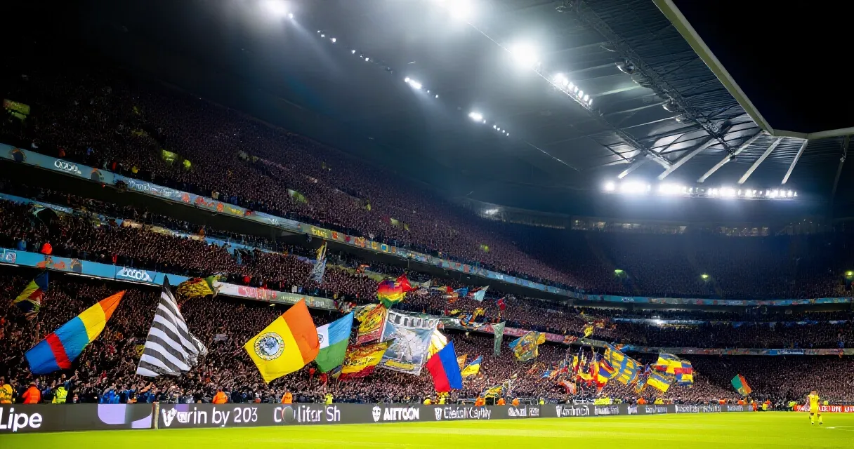 Packed floodlit Greek football stadium with fans celebrating