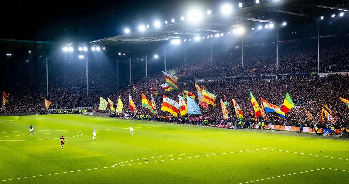 Fans fill a floodlit stadium during a Manchester City Premier League match