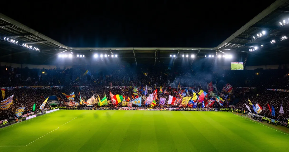 Estadio de f&uacute;tbol lleno de aficionados durante un partido a pleno d&iacute;a