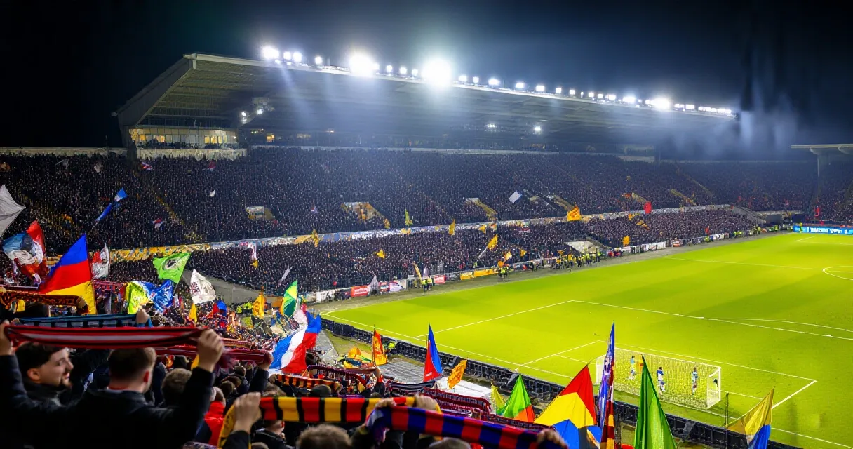 Packed floodlit stadium during a Nations League football match with players competing for the ball