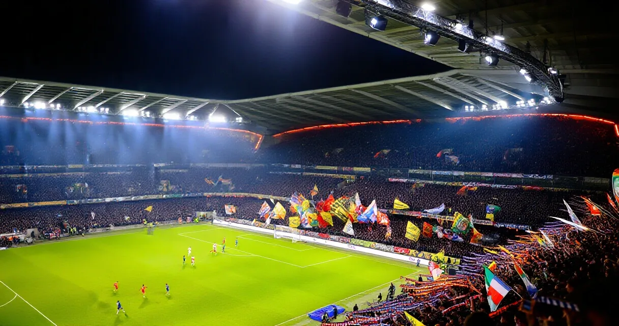 Vollbesetztes Bundesliga-Stadion bei Flutlicht mit jubelnden Fans
