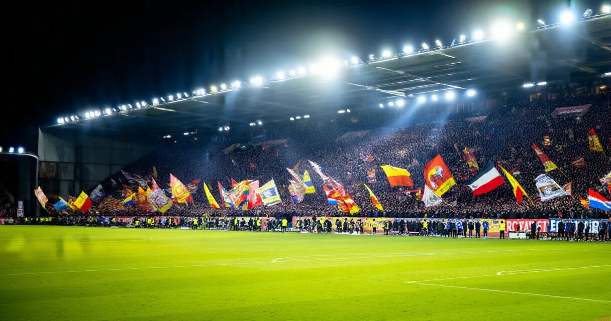 Floodlit S&uuml;per Lig stadium packed with fans during a match