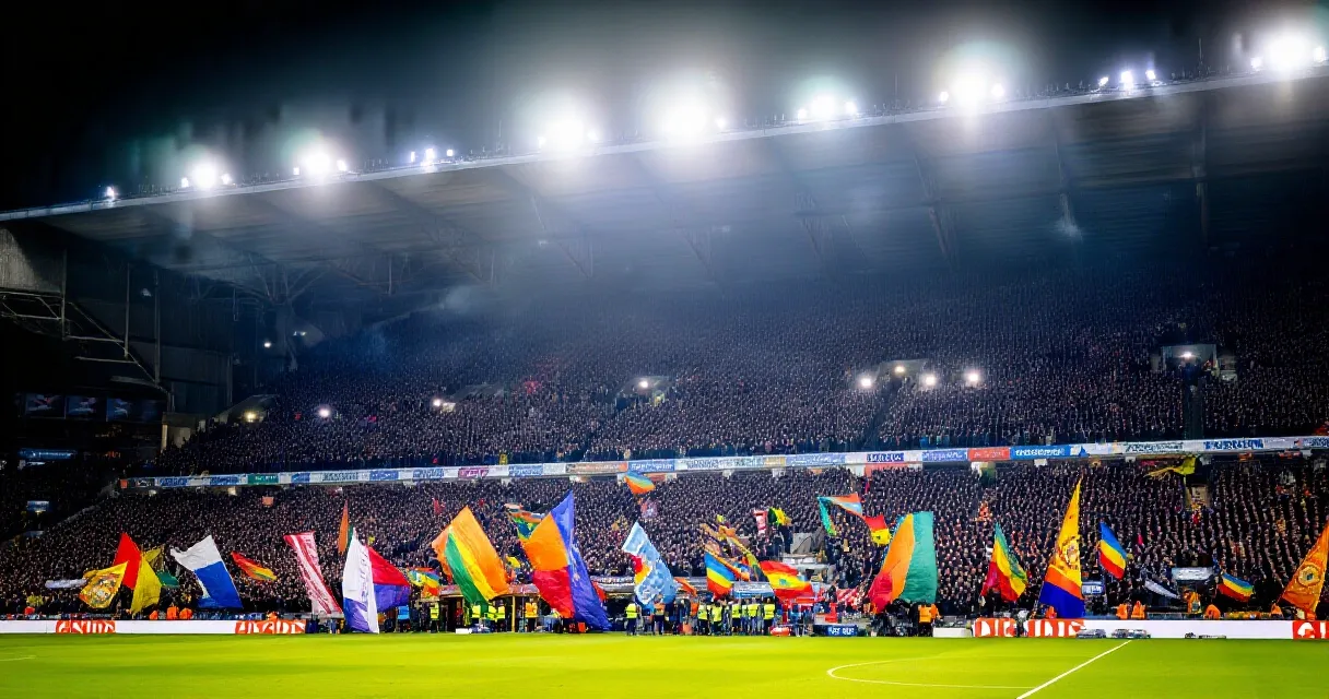 Stadio di calcio gremito di tifosi durante una partita internazionale notturna
