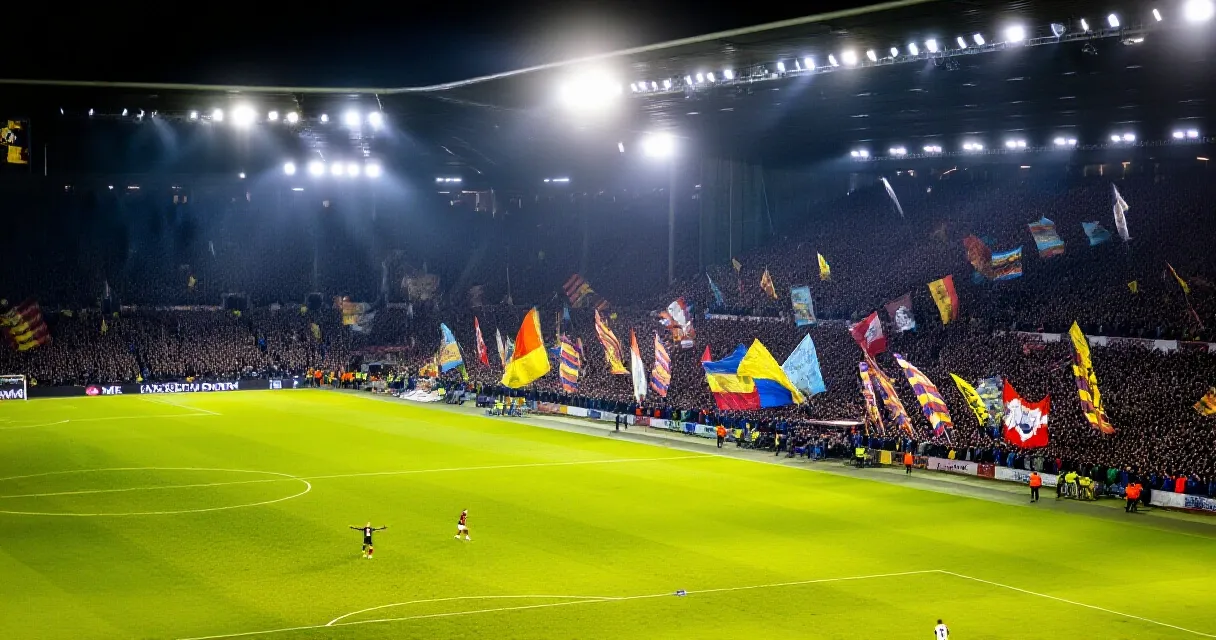 Female footballer competing for the ball during a floodlit Champions League night match