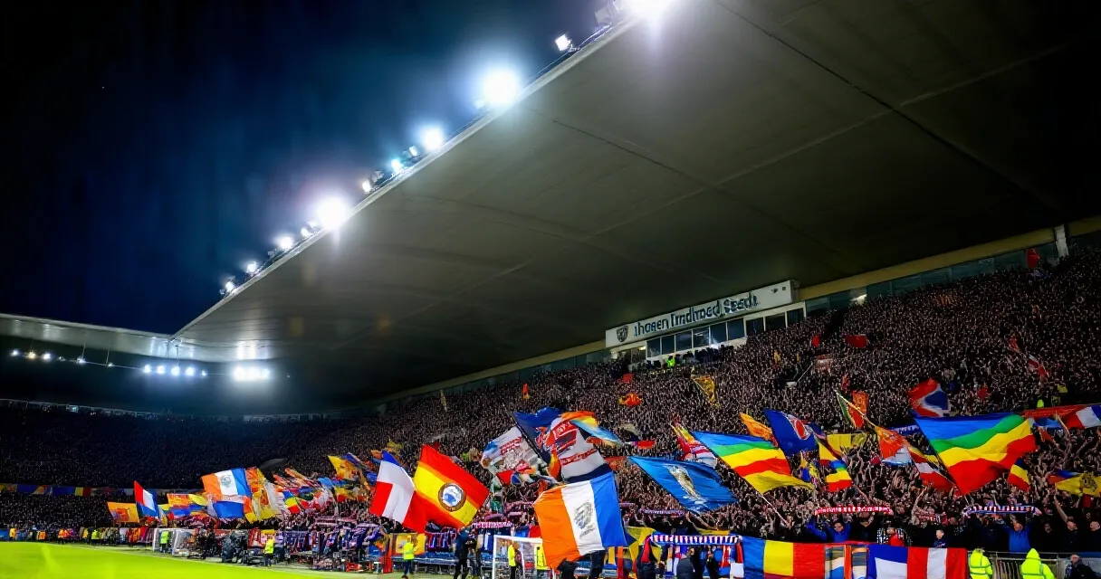 Dutch national team player heading the ball under floodlights during a Nations League match